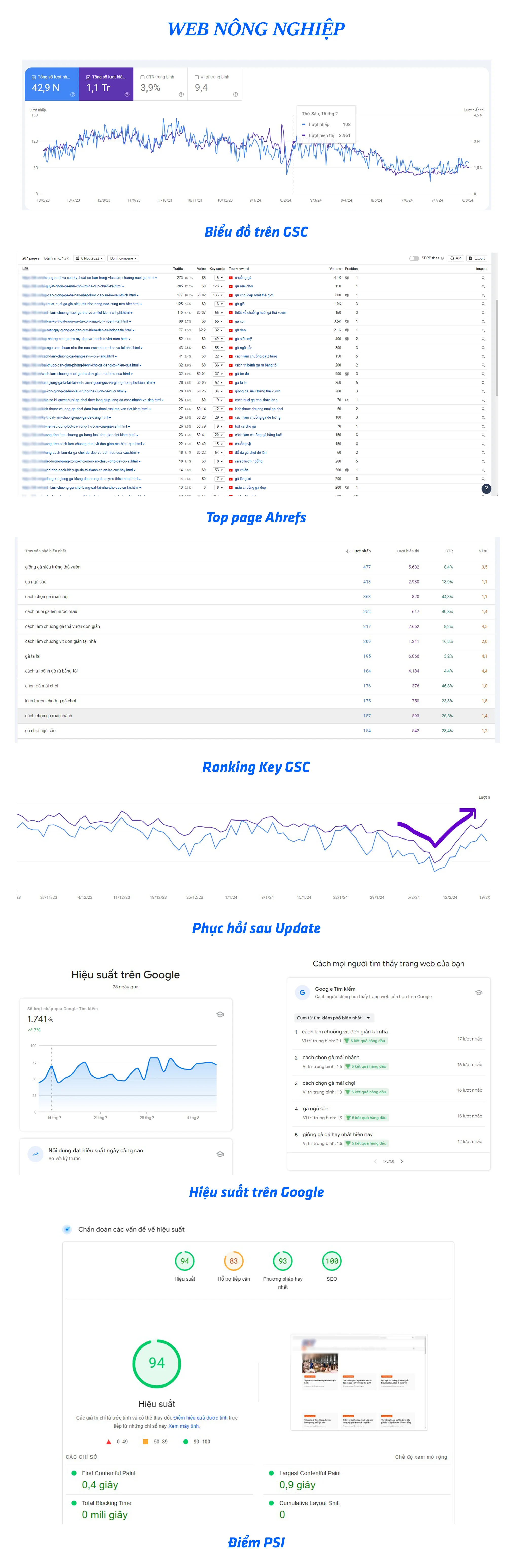 Biểu đồ hiệu suất GSC website nông nghiệp