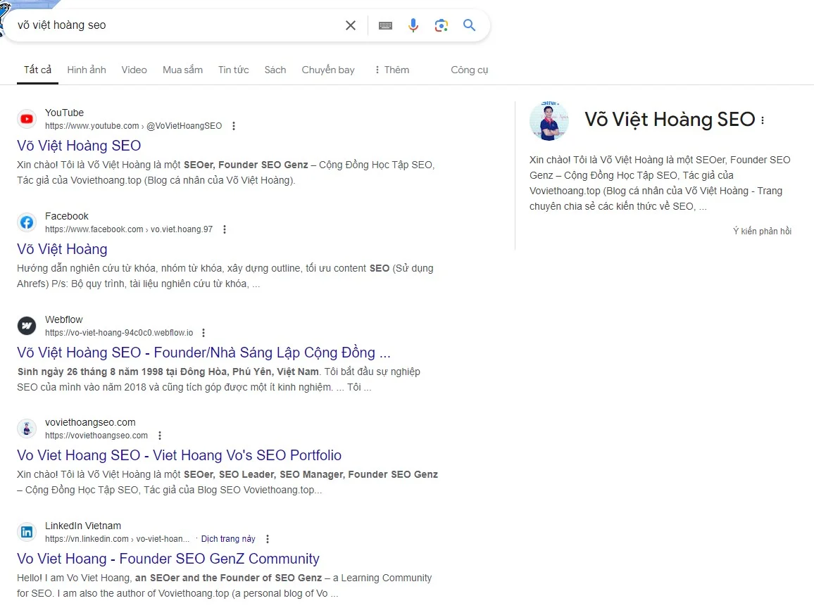 Hiển thị bảng tri thức Võ Việt Hoàng SEO